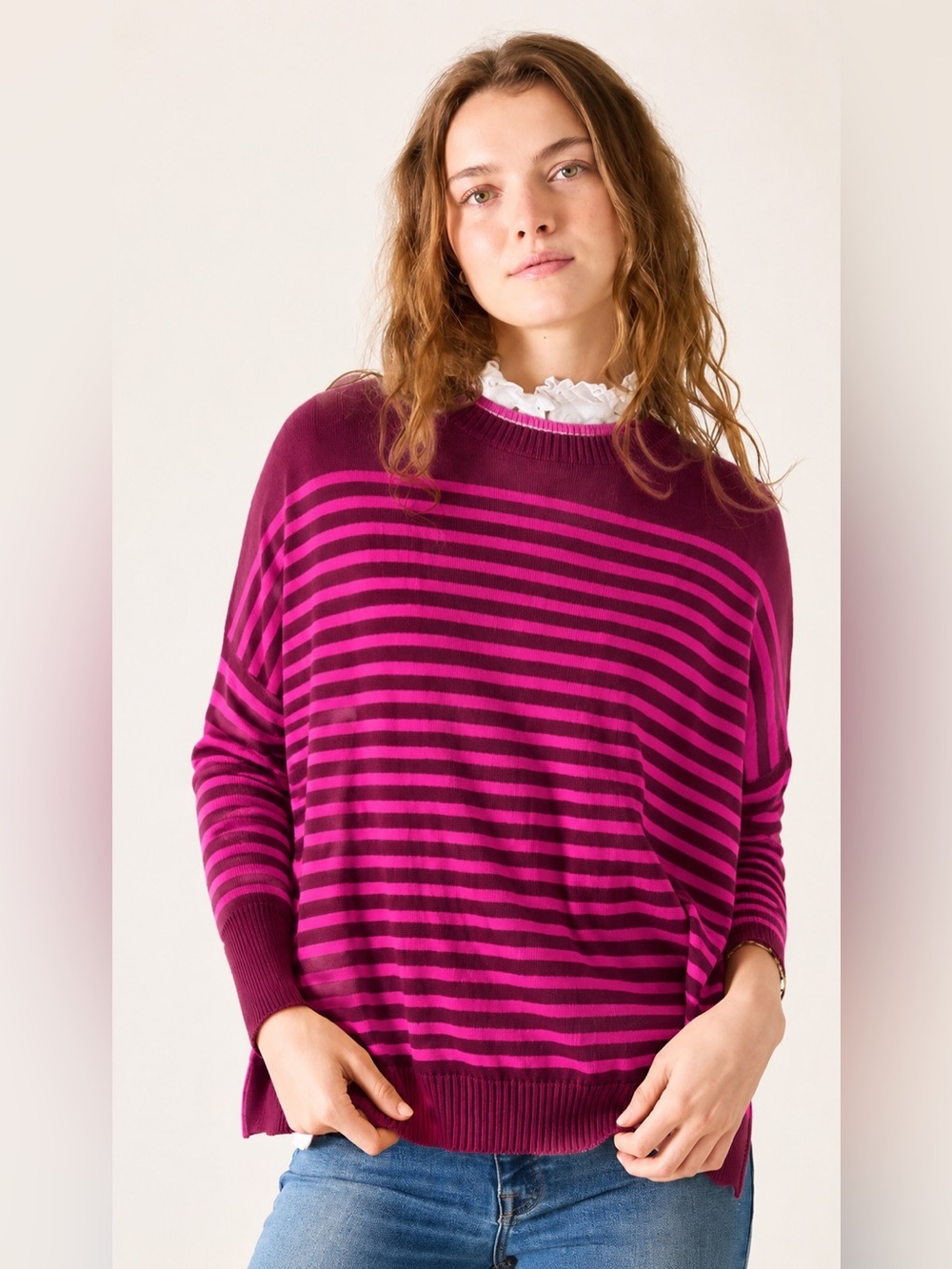 Mersea Catalina Modern Crewneck Sweater Burgundy Magenta Striped One Size